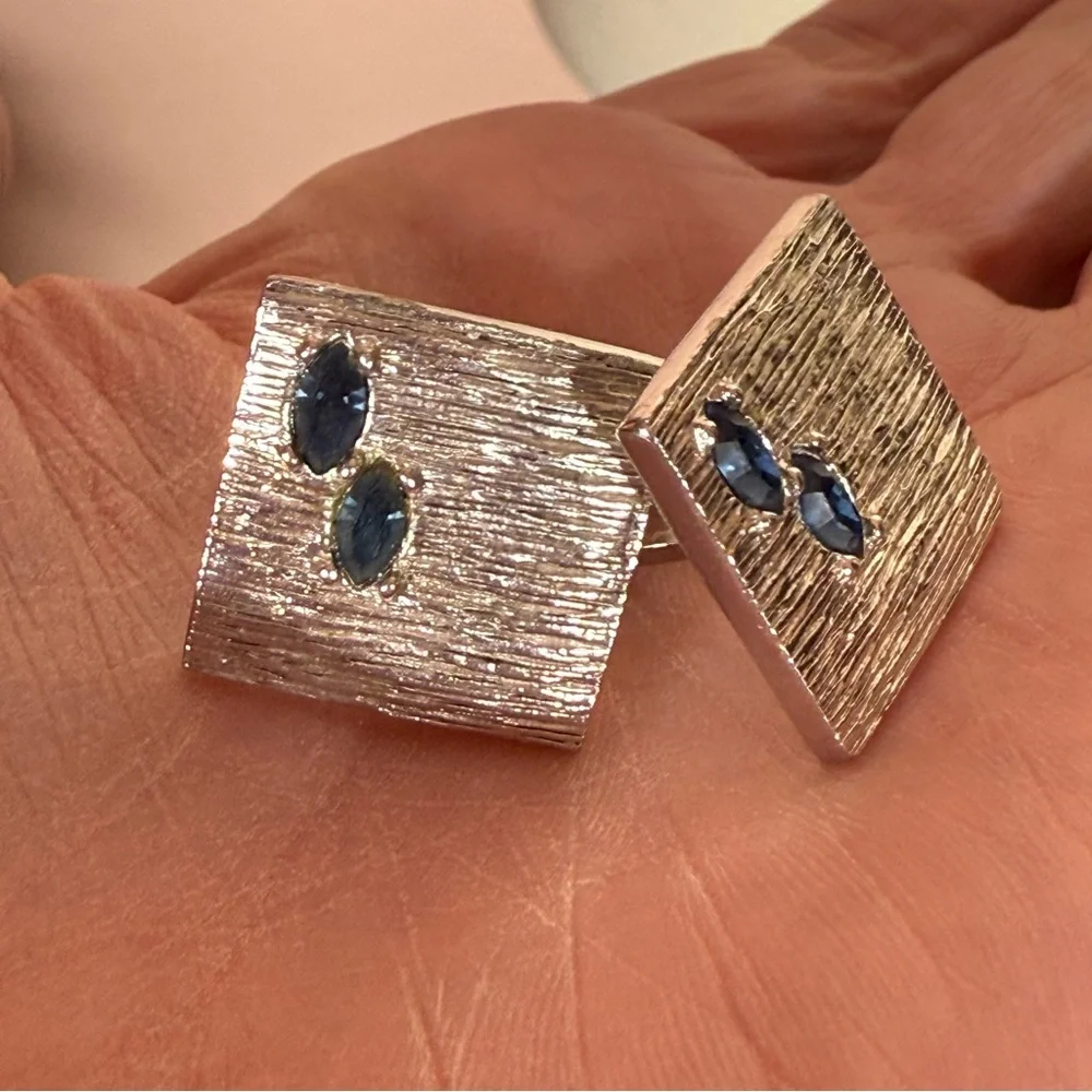Vintage 1940- 60 Swank Art deco silver Blue Marquise stone Square cuff links